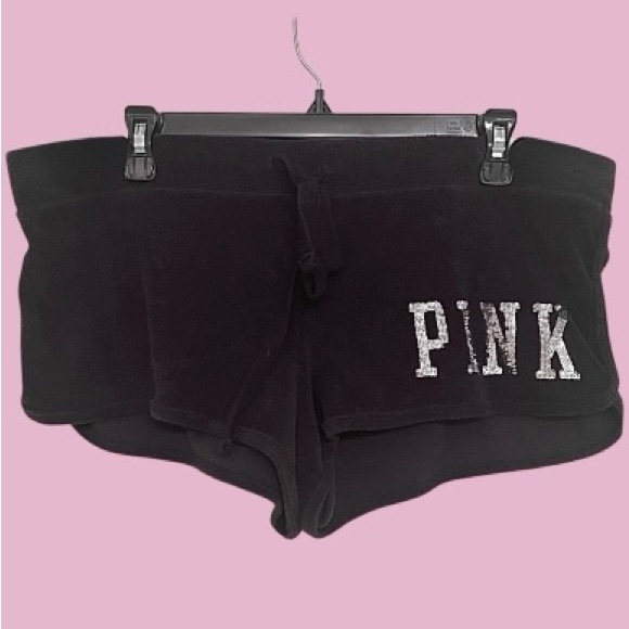 Victoria’s Secret PINK Black Velvety Sequin Shorts L Drawstring Waist - Picture 3 of 5